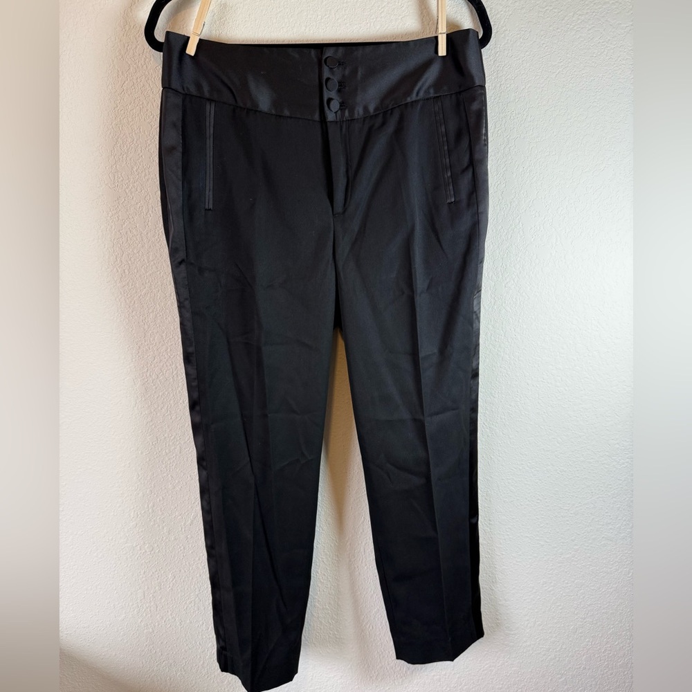 Banana Republic Black Satin Trim Ankle Pants Petite 10P High Rise Tuxedo